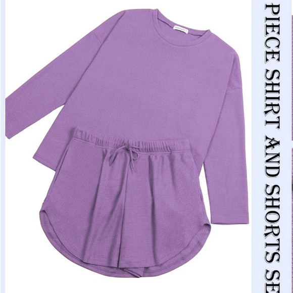 Cozy Waffle Knit Long Sleeve Shirt & Shorts Lounge Set- Purple - Picture 4 of 5